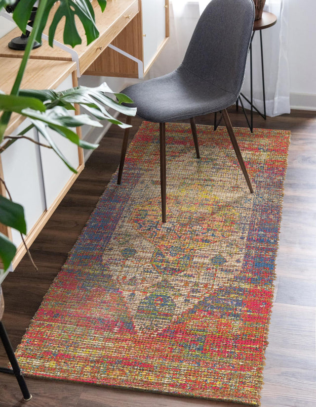 Multicolor 2' 2 x 6' 1 Chenille Jute Runner Area Rug Vintage Distressed Boho All Natural Eco-Friendly Sustainable Carpet for Living Dining Office Dorm Rooms for Sale at Rug Engine