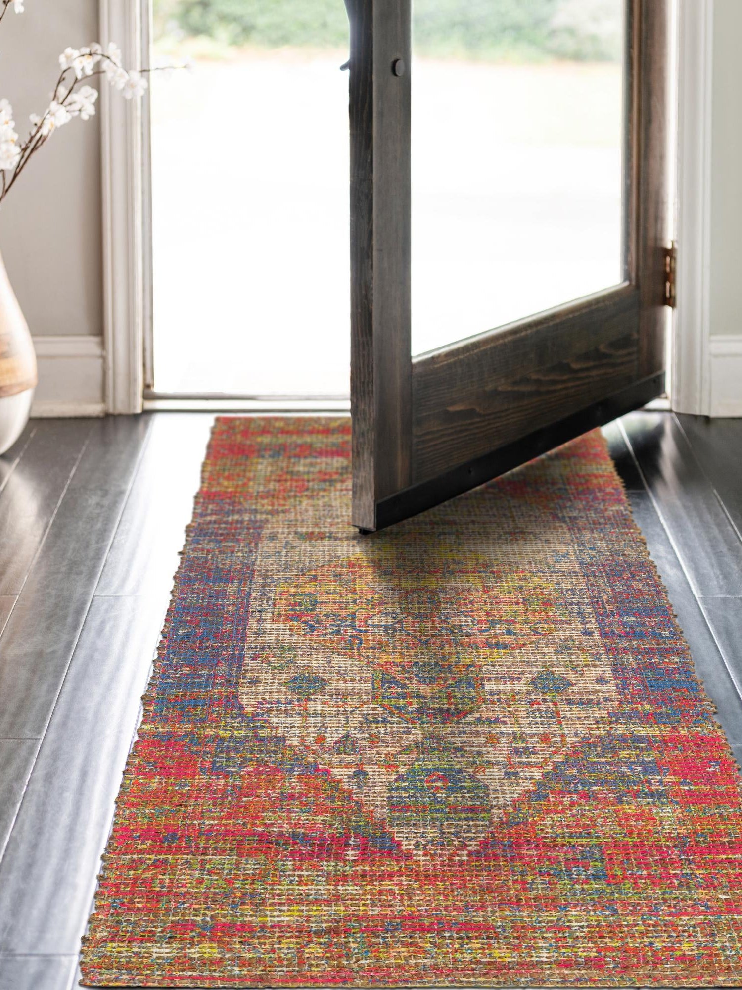 Multicolor 2' 2 x 6' 1 Chenille Jute Runner Area Rug Vintage Distressed Boho All Natural Eco-Friendly Sustainable Carpet for Living Dining Office Dorm Rooms for Sale at Rug Engine