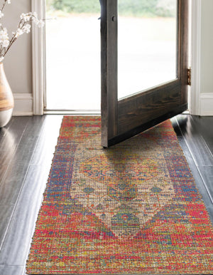 Multicolor 2' 2 x 6' 1 Chenille Jute Runner Area Rug Vintage Distressed Boho All Natural Eco-Friendly Sustainable Carpet for Living Dining Office Dorm Rooms for Sale at Rug Engine