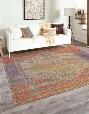 Multicolor 7' 10 x 7' 10 Chenille Jute Square Area Rug Vintage Distressed Boho All Natural Eco-Friendly Sustainable Carpet for Living Dining Office Dorm Rooms for Sale at Rug Engine