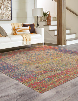 Multicolor 7' 10 x 7' 10 Chenille Jute Square Area Rug Vintage Distressed Boho All Natural Eco-Friendly Sustainable Carpet for Living Dining Office Dorm Rooms for Sale at Rug Engine