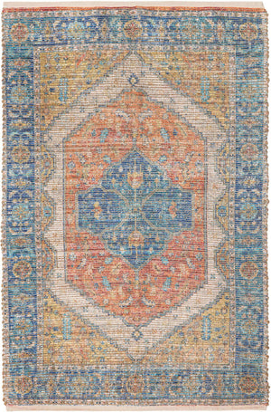 Orange Yellow 4' 1 x 6' 1 Chenille Jute Rectangle Area Rug Vintage Distressed Boho All Natural Eco-Friendly Sustainable Carpet for Living Dining Office Dorm Rooms for Sale at Rug Engine