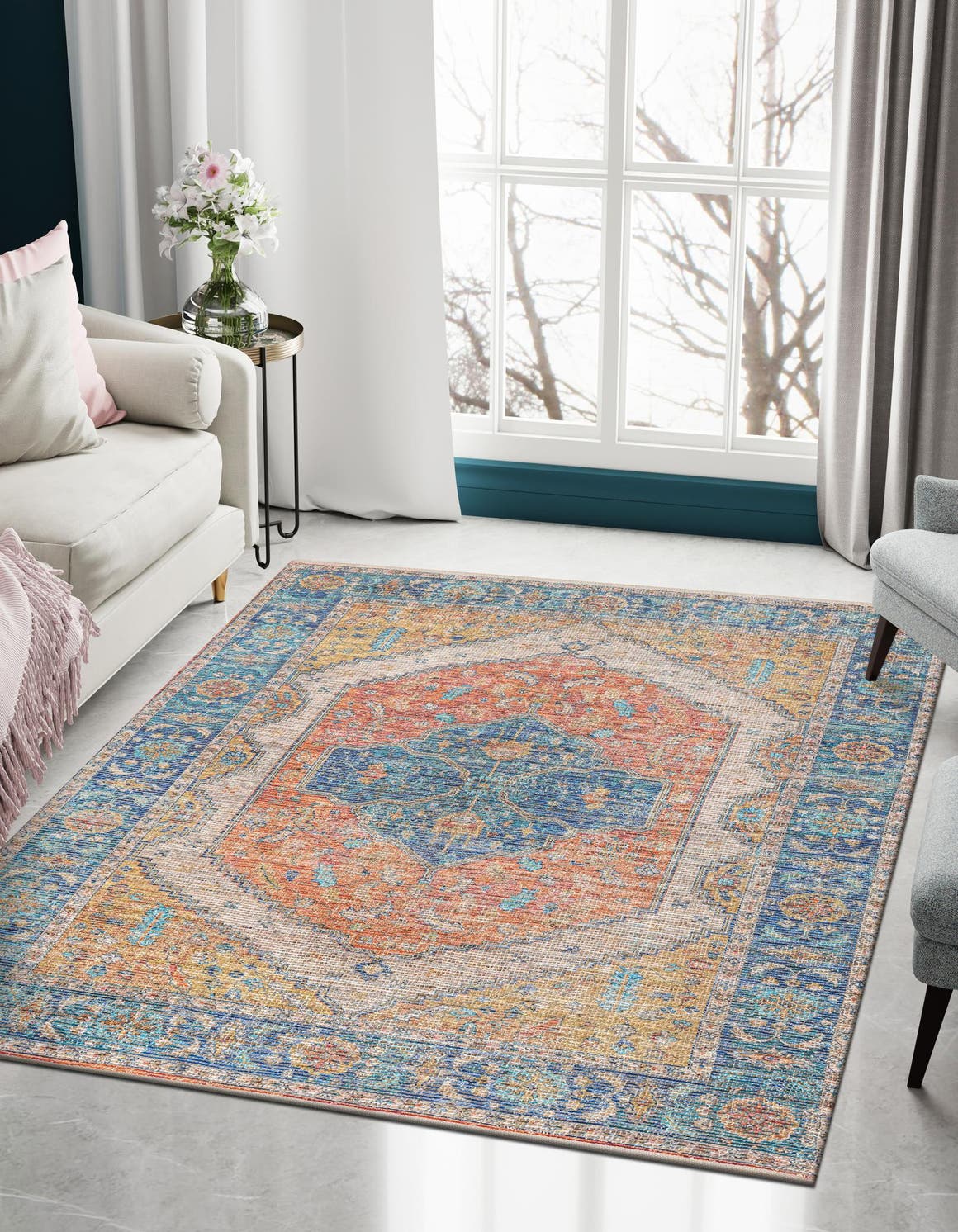 Orange Yellow 5' 3 x 8' Chenille Jute Rectangle Area Rug Vintage Distressed Boho All Natural Eco-Friendly Sustainable Carpet for Living Dining Office Dorm Rooms for Sale at Rug Engine