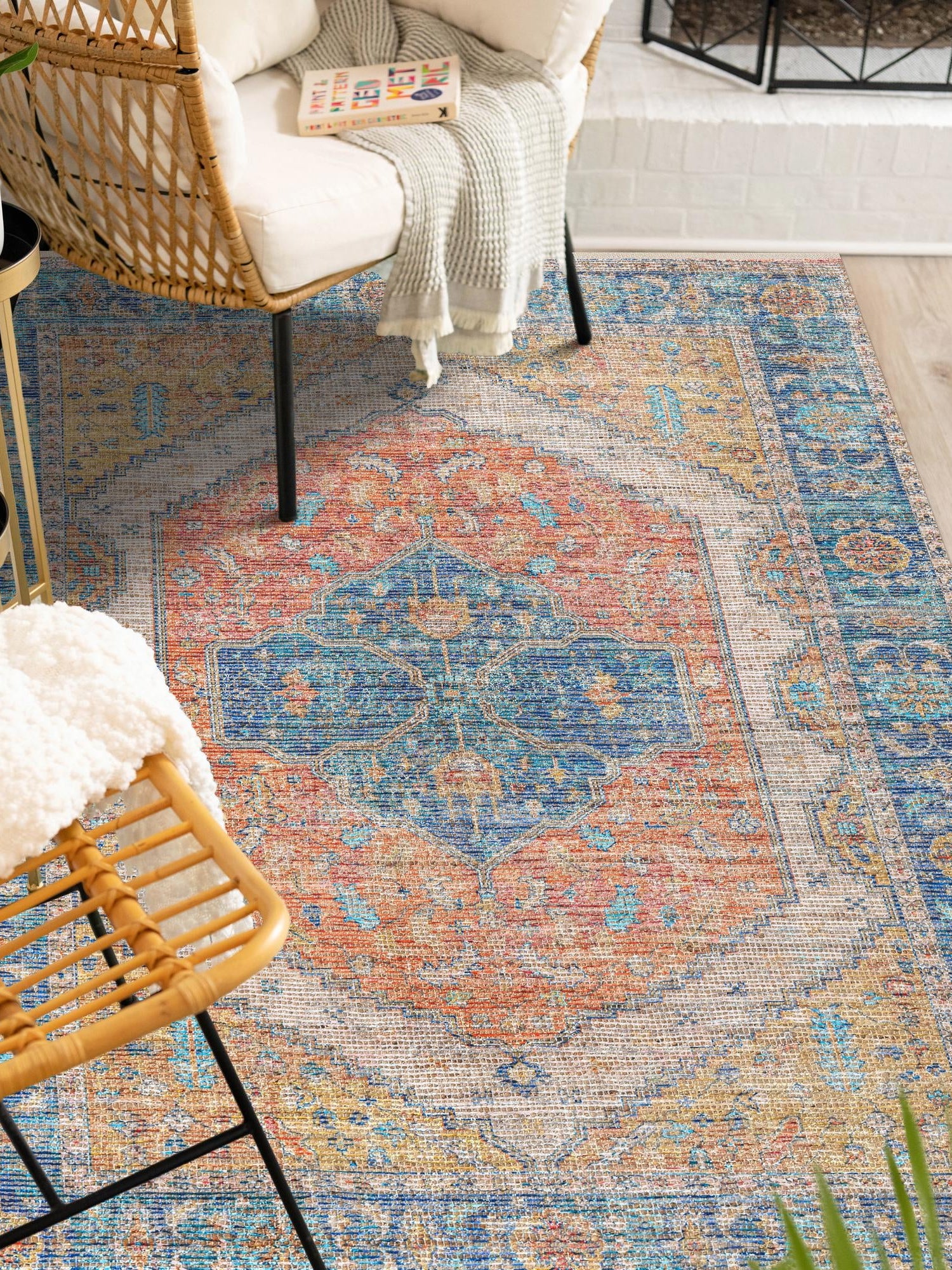 Orange Yellow 4' 1 x 6' 1 Chenille Jute Rectangle Area Rug Vintage Distressed Boho All Natural Eco-Friendly Sustainable Carpet for Living Dining Office Dorm Rooms for Sale at Rug Engine