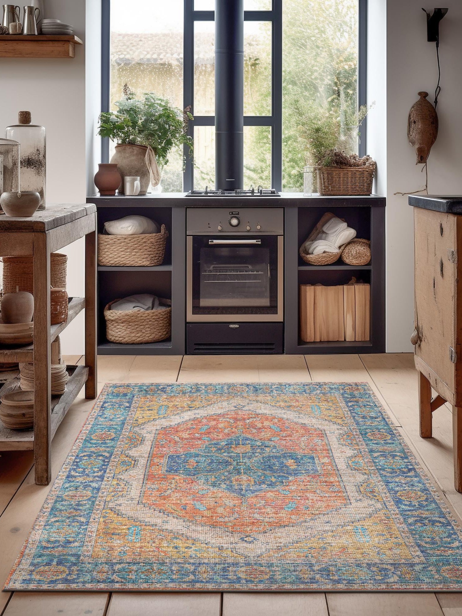 Orange Yellow 4' 1 x 6' 1 Chenille Jute Rectangle Area Rug Vintage Distressed Boho All Natural Eco-Friendly Sustainable Carpet for Living Dining Office Dorm Rooms for Sale at Rug Engine