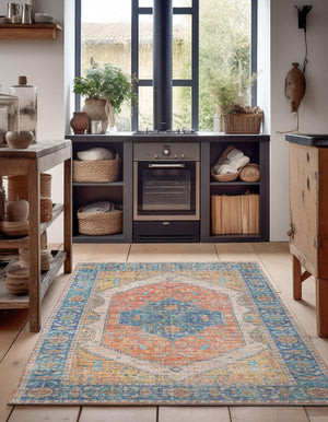 Orange Yellow 4' 1 x 6' 1 Chenille Jute Rectangle Area Rug Vintage Distressed Boho All Natural Eco-Friendly Sustainable Carpet for Living Dining Office Dorm Rooms for Sale at Rug Engine