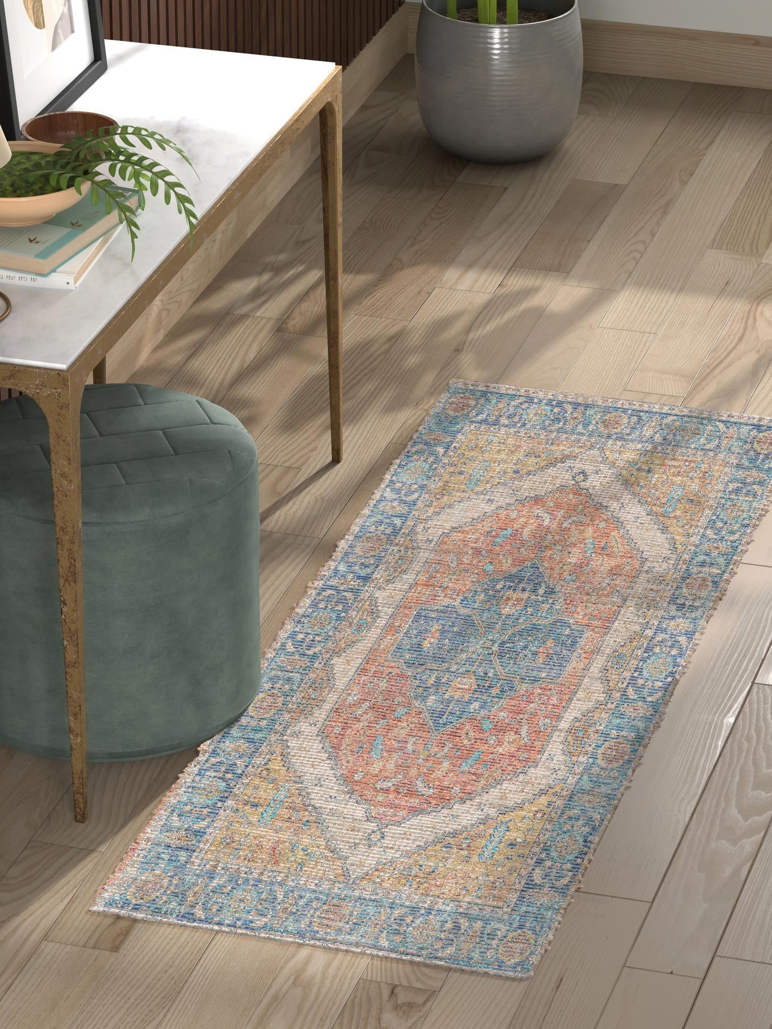 Orange Yellow 2' 2 x 8' Chenille Jute Runner Area Rug Vintage Distressed Boho All Natural Eco-Friendly Sustainable Carpet for Living Dining Office Dorm Rooms for Sale at Rug Engine