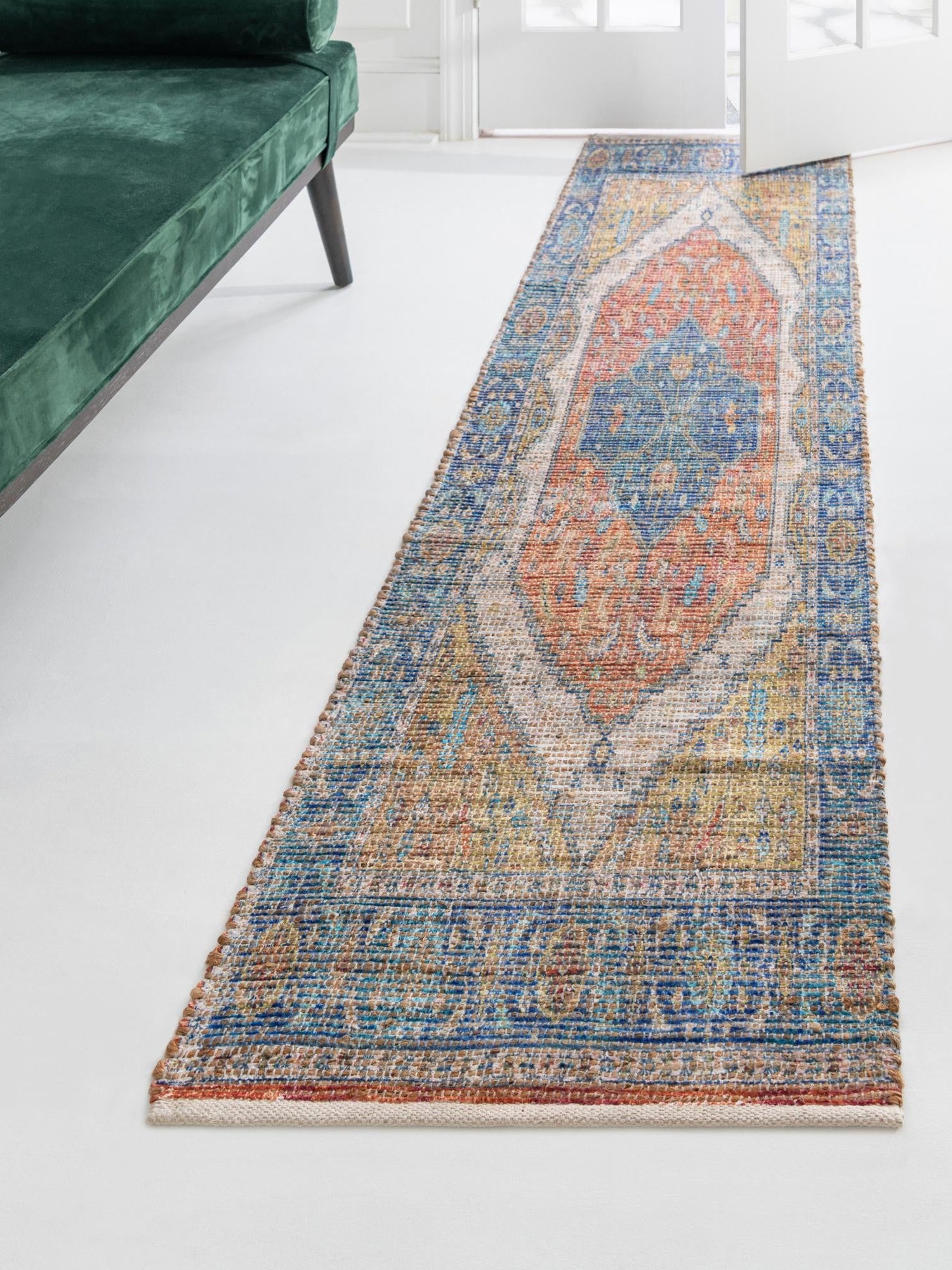 Orange Yellow 2' 2 x 6' 1 Chenille Jute Runner Area Rug Vintage Distressed Boho All Natural Eco-Friendly Sustainable Carpet for Living Dining Office Dorm Rooms for Sale at Rug Engine