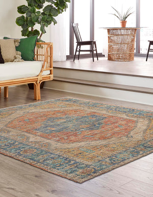 Orange Yellow 7' 10 x 7' 10 Chenille Jute Square Area Rug Vintage Distressed Boho All Natural Eco-Friendly Sustainable Carpet for Living Dining Office Dorm Rooms for Sale at Rug Engine