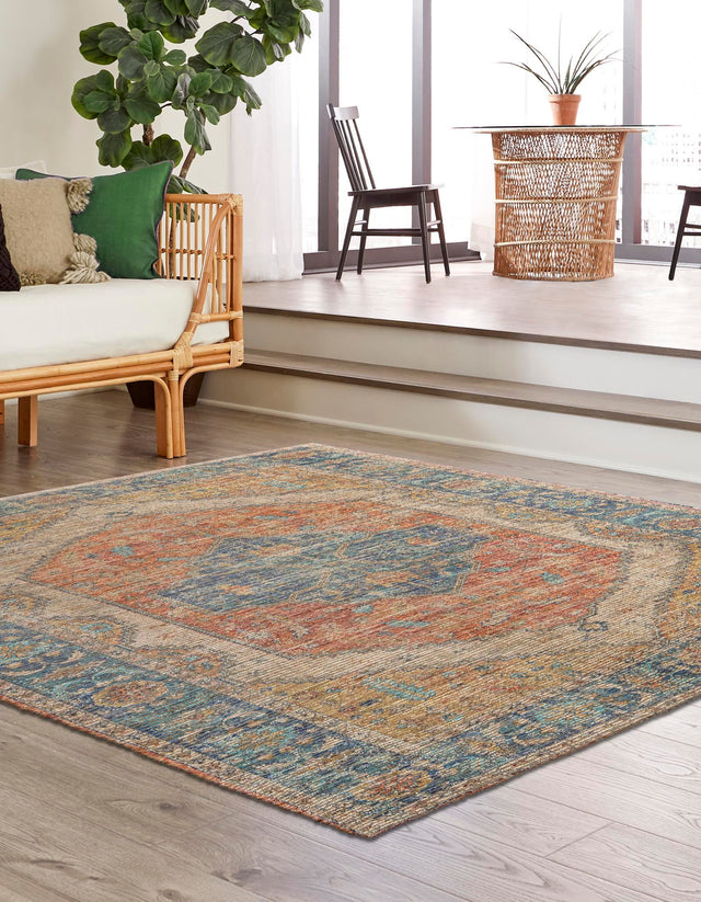 Orange Yellow 7' 10 x 7' 10 Chenille Jute Square Area Rug Vintage Distressed Boho All Natural Eco-Friendly Sustainable Carpet for Living Dining Office Dorm Rooms for Sale at Rug Engine