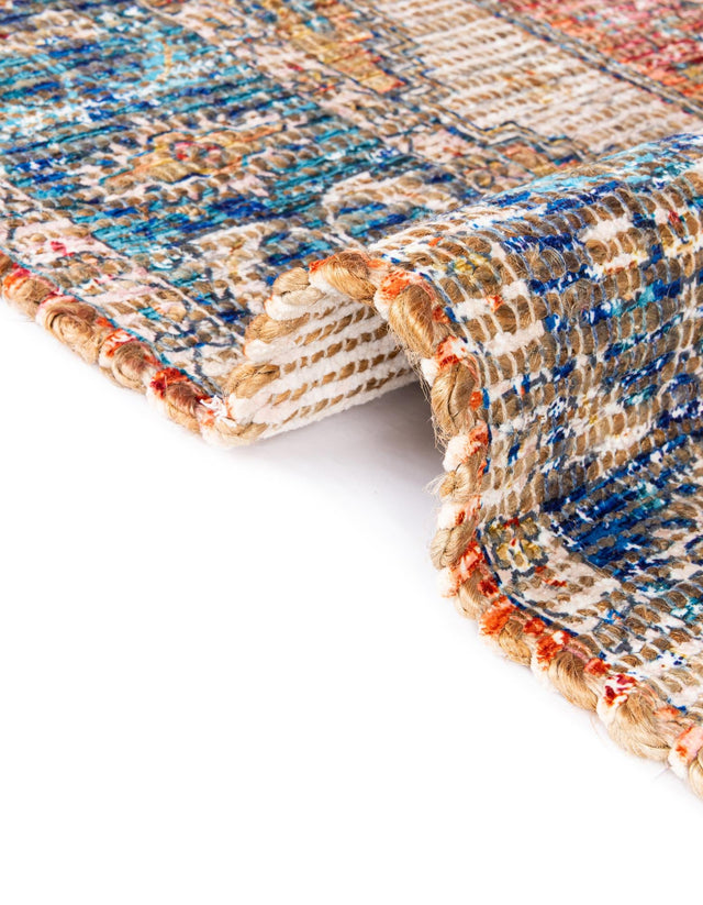 Orange Yellow 7' 10 x 7' 10 Chenille Jute Square Area Rug Vintage Distressed Boho All Natural Eco-Friendly Sustainable Carpet for Living Dining Office Dorm Rooms for Sale at Rug Engine