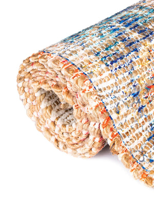 Orange Yellow 7' 10 x 7' 10 Chenille Jute Square Area Rug Vintage Distressed Boho All Natural Eco-Friendly Sustainable Carpet for Living Dining Office Dorm Rooms for Sale at Rug Engine
