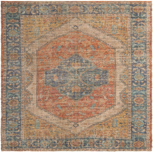 Orange Yellow 7' 10 x 7' 10 Chenille Jute Square Area Rug Vintage Distressed Boho All Natural Eco-Friendly Sustainable Carpet for Living Dining Office Dorm Rooms for Sale at Rug Engine