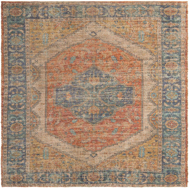 Orange Yellow 7' 10 x 7' 10 Chenille Jute Square Area Rug Vintage Distressed Boho All Natural Eco-Friendly Sustainable Carpet for Living Dining Office Dorm Rooms for Sale at Rug Engine