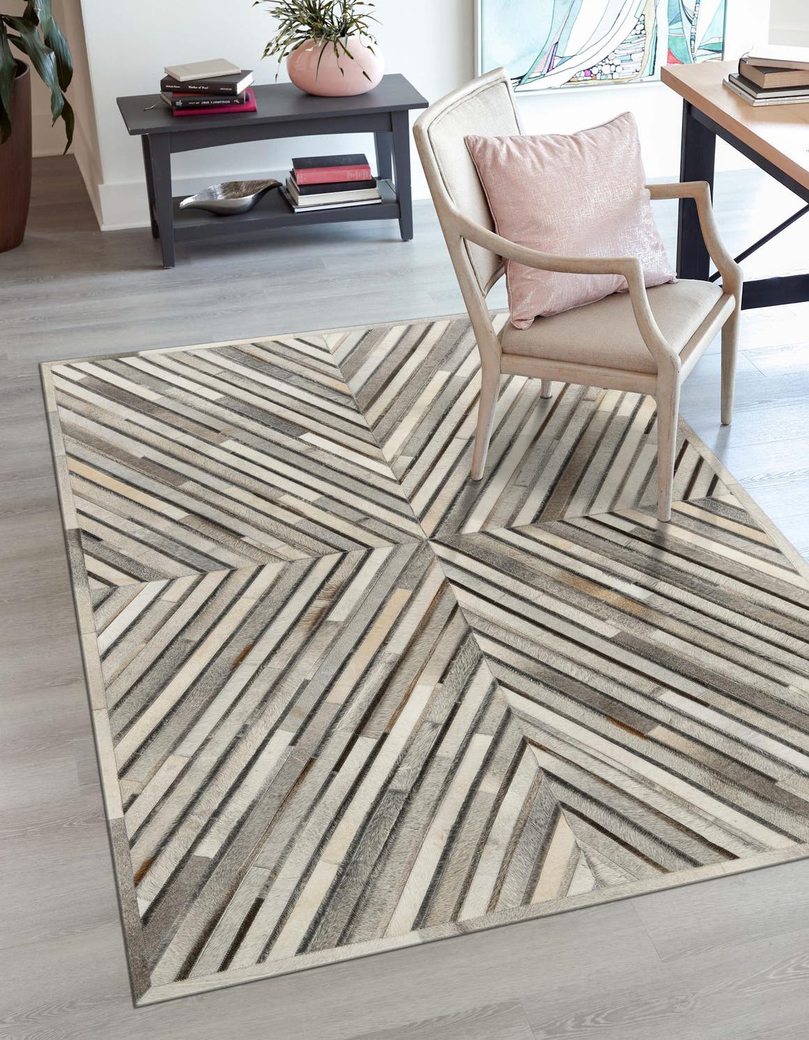 Authentic Luxury Gray Ivory 6' 1 x 9' Cowhide Leather Rectangle Area Rug Modern Interior Design 100% Real Natural Cowhide Carpet for Designer Home Decor for Sale at Rug Engine