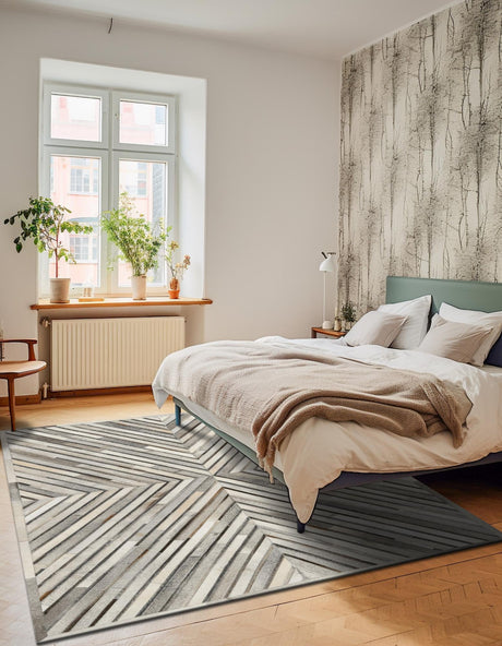 Authentic Luxury Gray Ivory 4' 1 x 6' 1 Cowhide Leather Rectangle Area Rug Modern Interior Design 100% Real Natural Cowhide Carpet for Designer Home Decor for Sale at Rug Engine