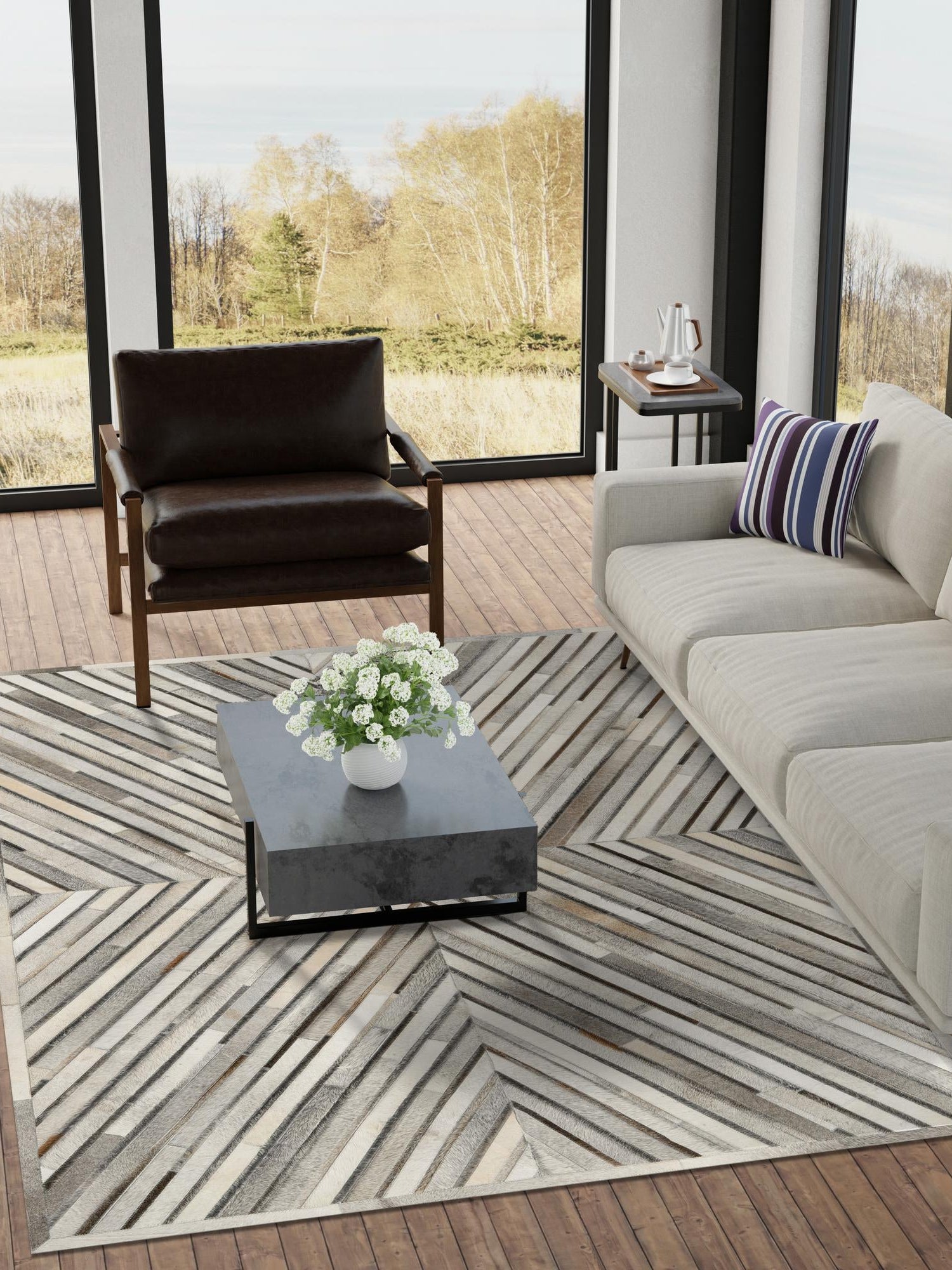 Authentic Luxury Gray Ivory 4' 1 x 6' 1 Cowhide Leather Rectangle Area Rug Modern Interior Design 100% Real Natural Cowhide Carpet for Designer Home Decor for Sale at Rug Engine