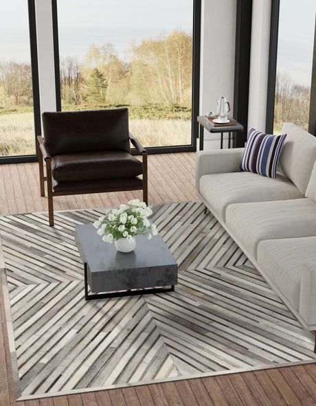 Authentic Luxury Gray Ivory 7' 10 x 10' Cowhide Leather Rectangle Area Rug Modern Interior Design 100% Real Natural Cowhide Carpet for Designer Home Decor for Sale at Rug Engine