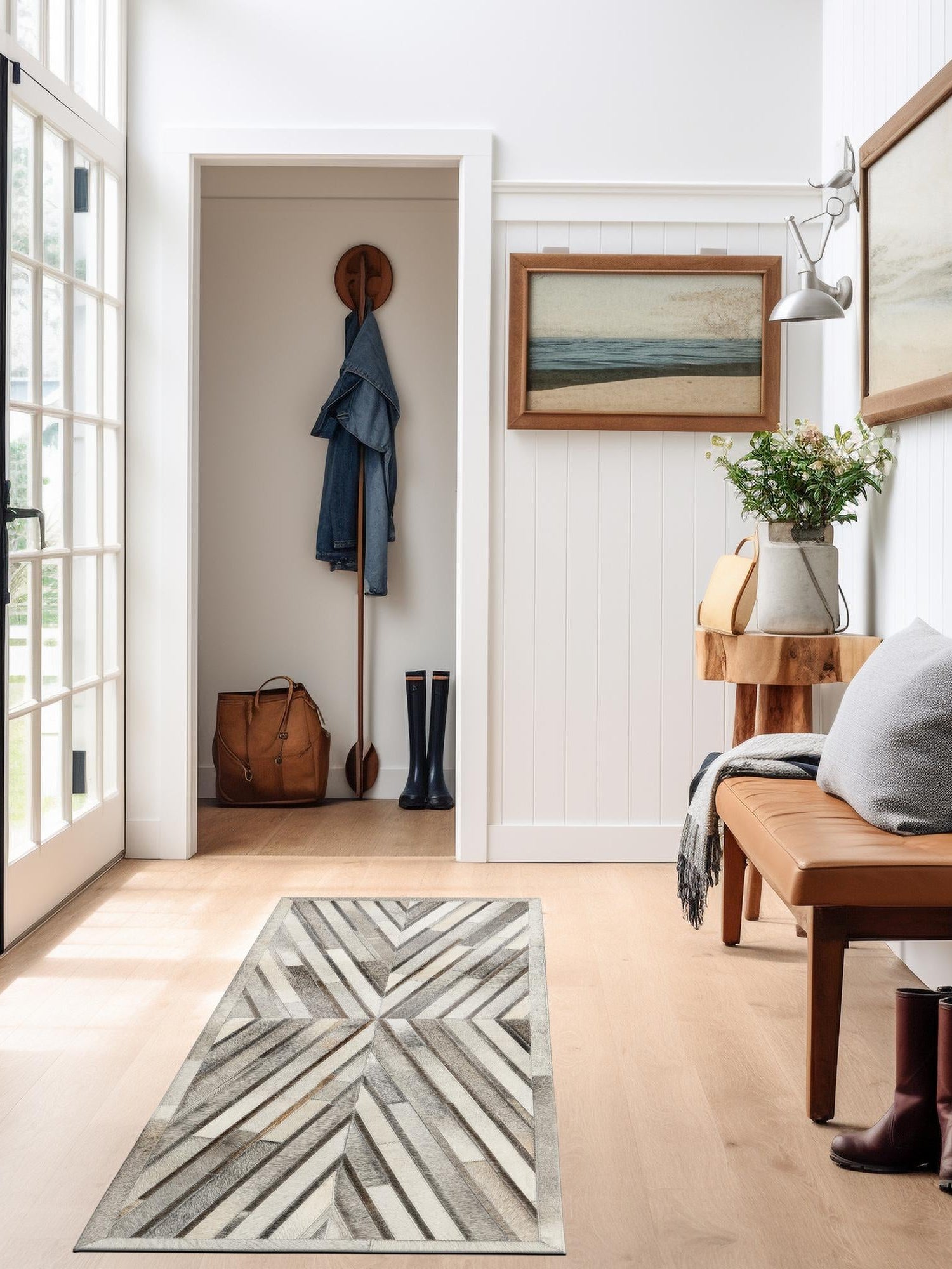 Authentic Luxury Gray Ivory 2' 2 x 6' 1 Cowhide Leather Runner Area Rug Modern Interior Design 100% Real Natural Cowhide Carpet for Designer Home Decor for Sale at Rug Engine