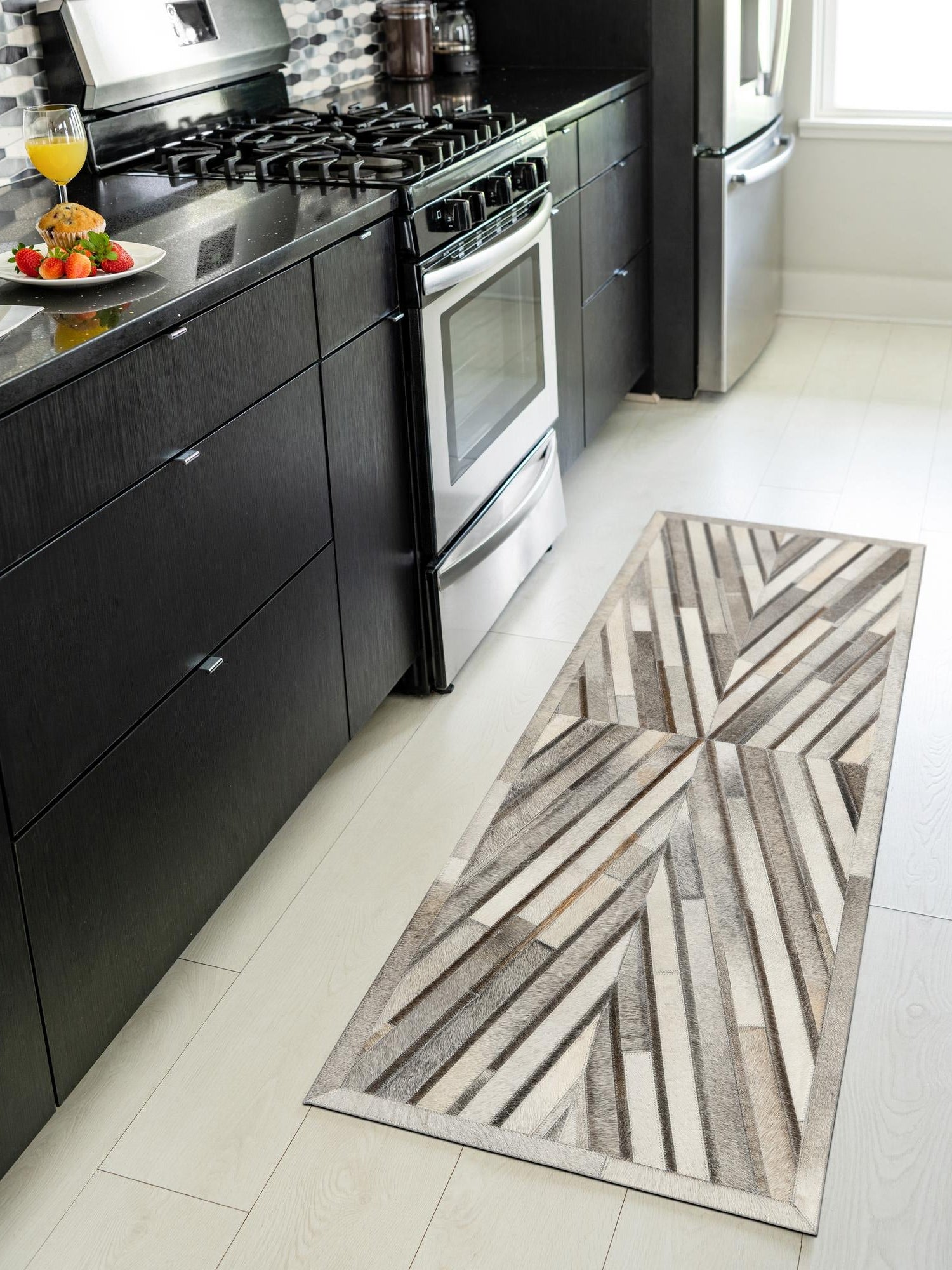 Authentic Luxury Gray Ivory 2' 2 x 6' 1 Cowhide Leather Runner Area Rug Modern Interior Design 100% Real Natural Cowhide Carpet for Designer Home Decor for Sale at Rug Engine