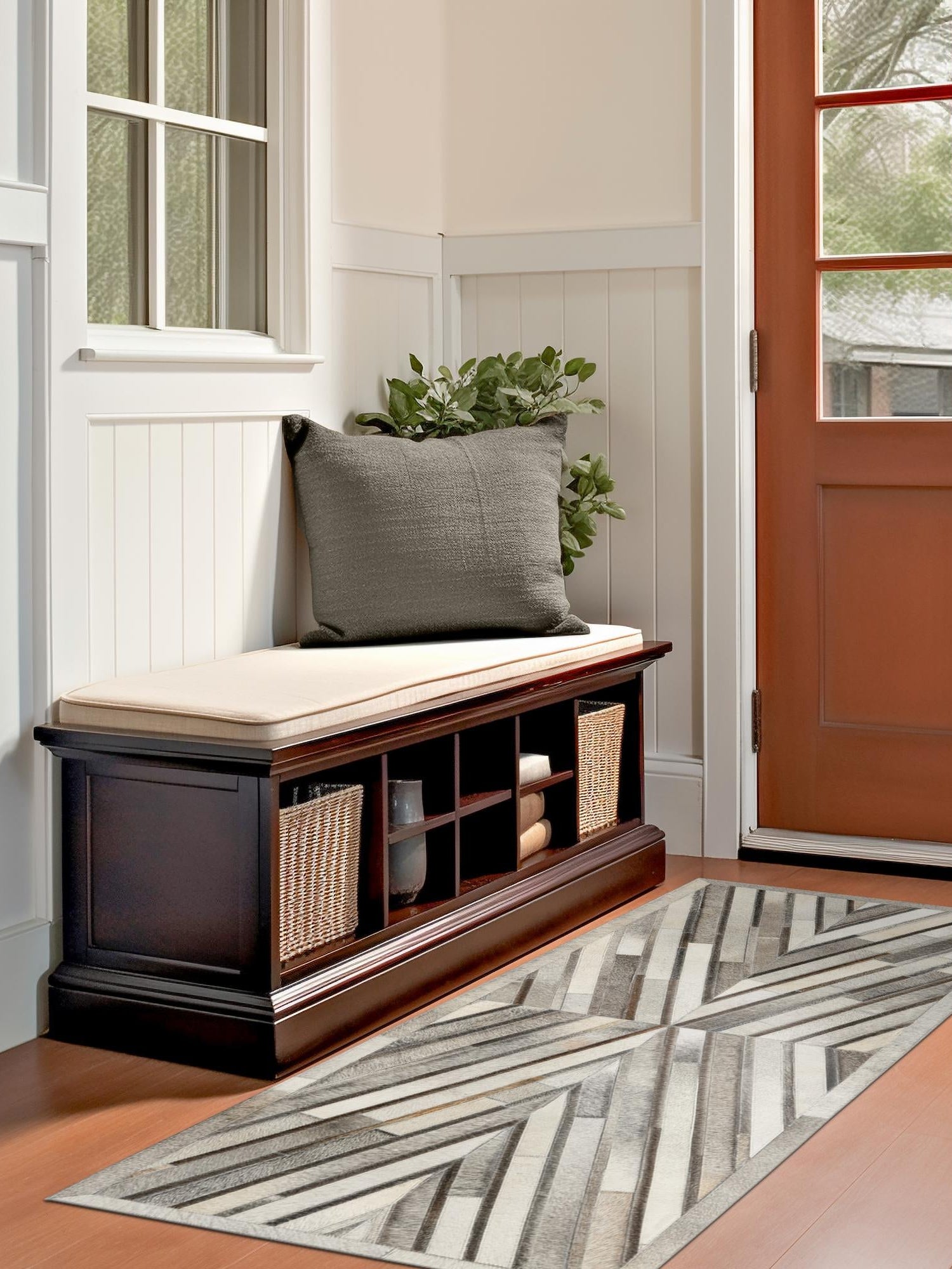 Authentic Luxury Gray Ivory 2' 2 x 6' 1 Cowhide Leather Runner Area Rug Modern Interior Design 100% Real Natural Cowhide Carpet for Designer Home Decor for Sale at Rug Engine