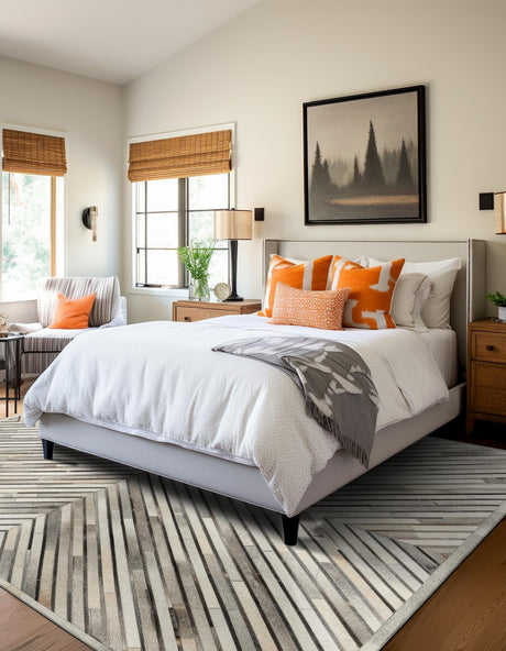 Authentic Luxury Gray Ivory 7' 10 x 7' 10 Cowhide Leather Square Area Rug Modern Interior Design 100% Real Natural Cowhide Carpet for Designer Home Decor for Sale at Rug Engine