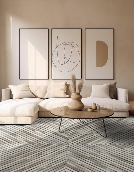 Authentic Luxury Gray Ivory 7' 10 x 7' 10 Cowhide Leather Square Area Rug Modern Interior Design 100% Real Natural Cowhide Carpet for Designer Home Decor for Sale at Rug Engine