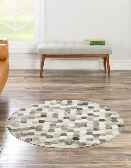 Authentic Luxury Ivory Gray 7' 10 x 7' 10 Cowhide Leather Round Area Rug Modern Interior Design 100% Real Natural Cowhide Carpet for Designer Home Decor for Sale at Rug Engine