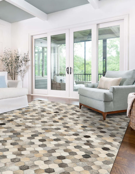 Ivory Gray 5' 3 x 8' Cowhide Leather Rectangle Rug