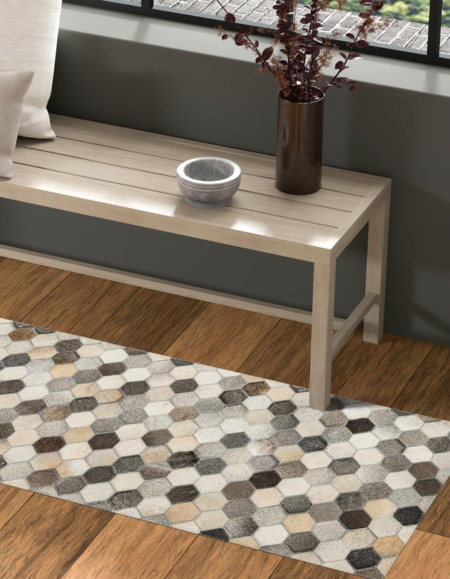 Ivory Gray 2' 2 x 4' 1 Cowhide Leather Runner Rug