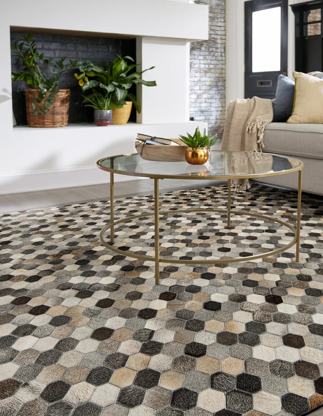 Ivory Gray 8' x 8' Cowhide Leather Square Rug