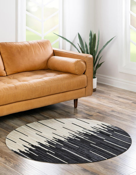 Black White 4' 1 x 4' 1 Cowhide Leather Round Rug