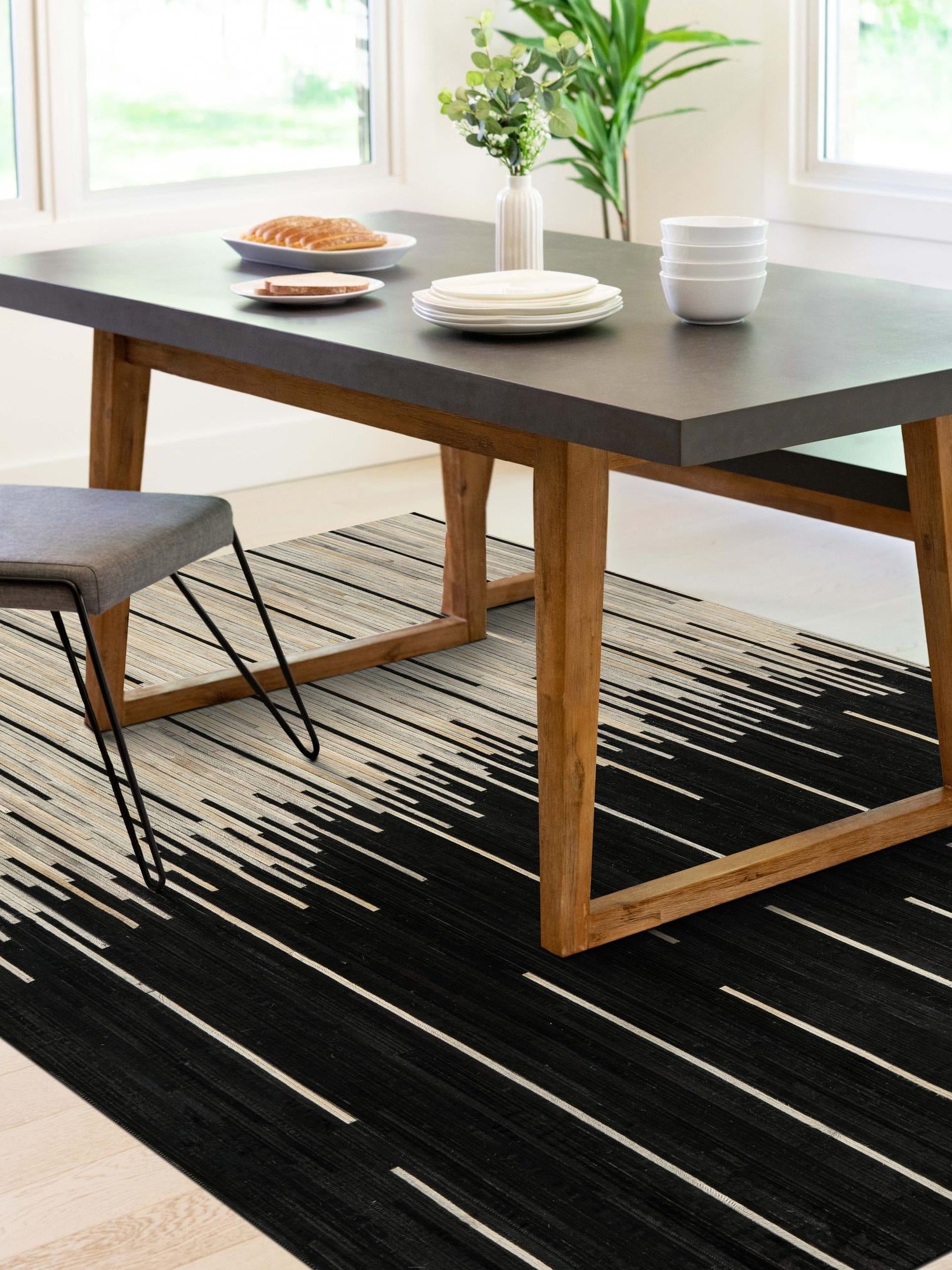 Authentic Luxury Black White 3' 1 x 5' 1 Cowhide Leather Rectangle Area Rug Modern Interior Design 100% Real Natural Cowhide Carpet for Designer Home Decor for Sale at Rug Engine