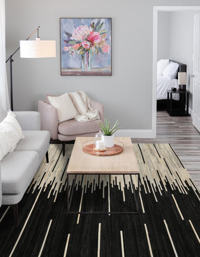 Black White 4' 1 x 6' 1 Cowhide Leather Rectangle Rug