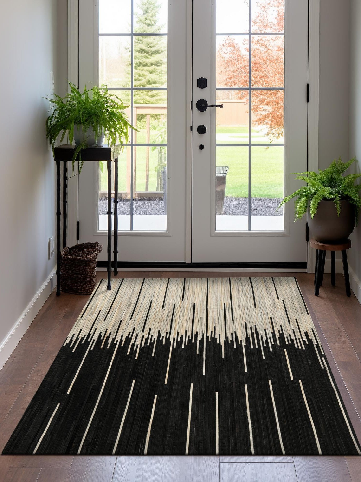 Authentic Luxury Black White 3' 1 x 5' 1 Cowhide Leather Rectangle Area Rug Modern Interior Design 100% Real Natural Cowhide Carpet for Designer Home Decor for Sale at Rug Engine