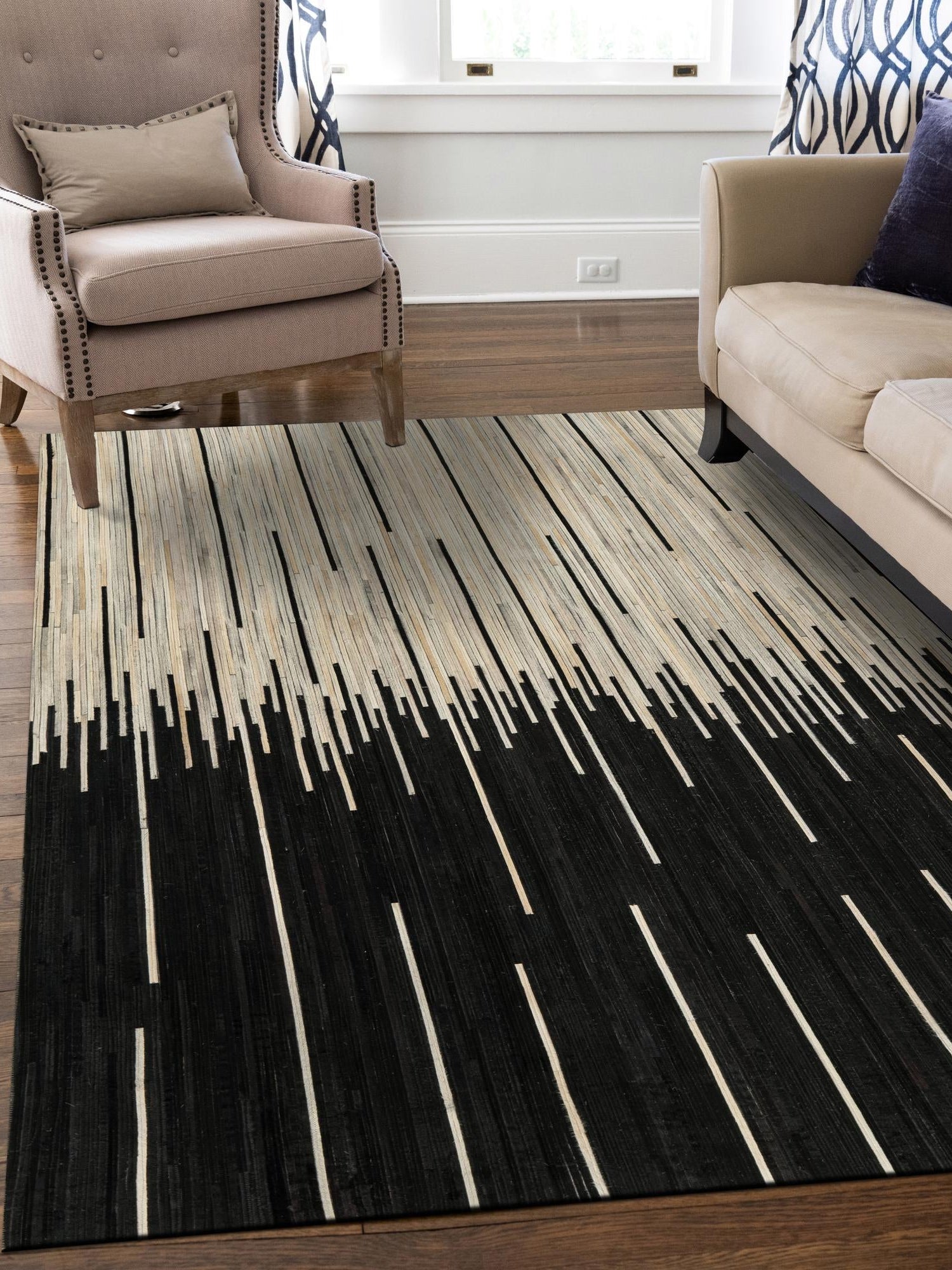 Authentic Luxury Black White 3' 1 x 5' 1 Cowhide Leather Rectangle Area Rug Modern Interior Design 100% Real Natural Cowhide Carpet for Designer Home Decor for Sale at Rug Engine