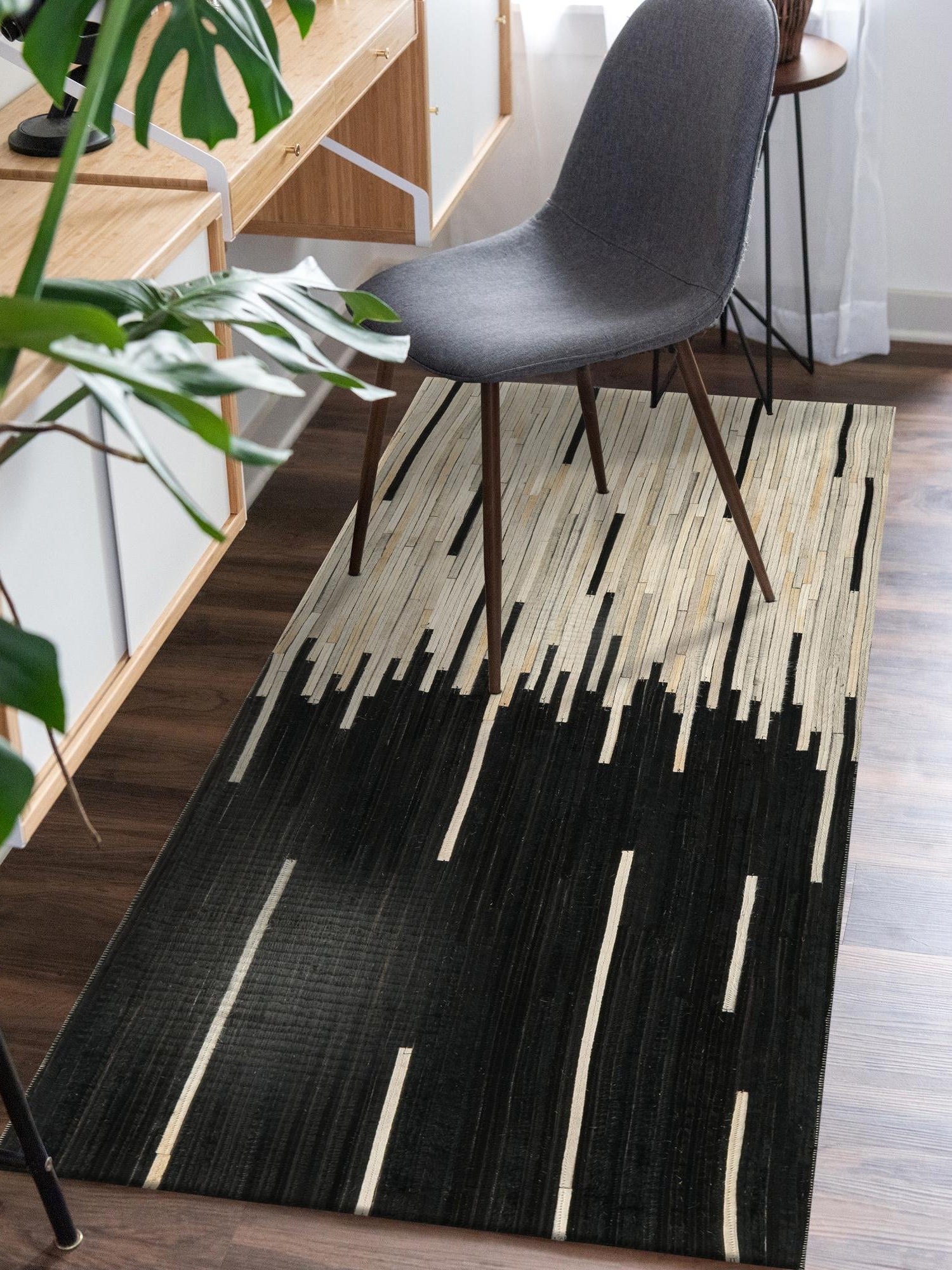 Authentic Luxury Black White 2' 2 x 4' 1 Cowhide Leather Runner Area Rug Modern Interior Design 100% Real Natural Cowhide Carpet for Designer Home Decor for Sale at Rug Engine