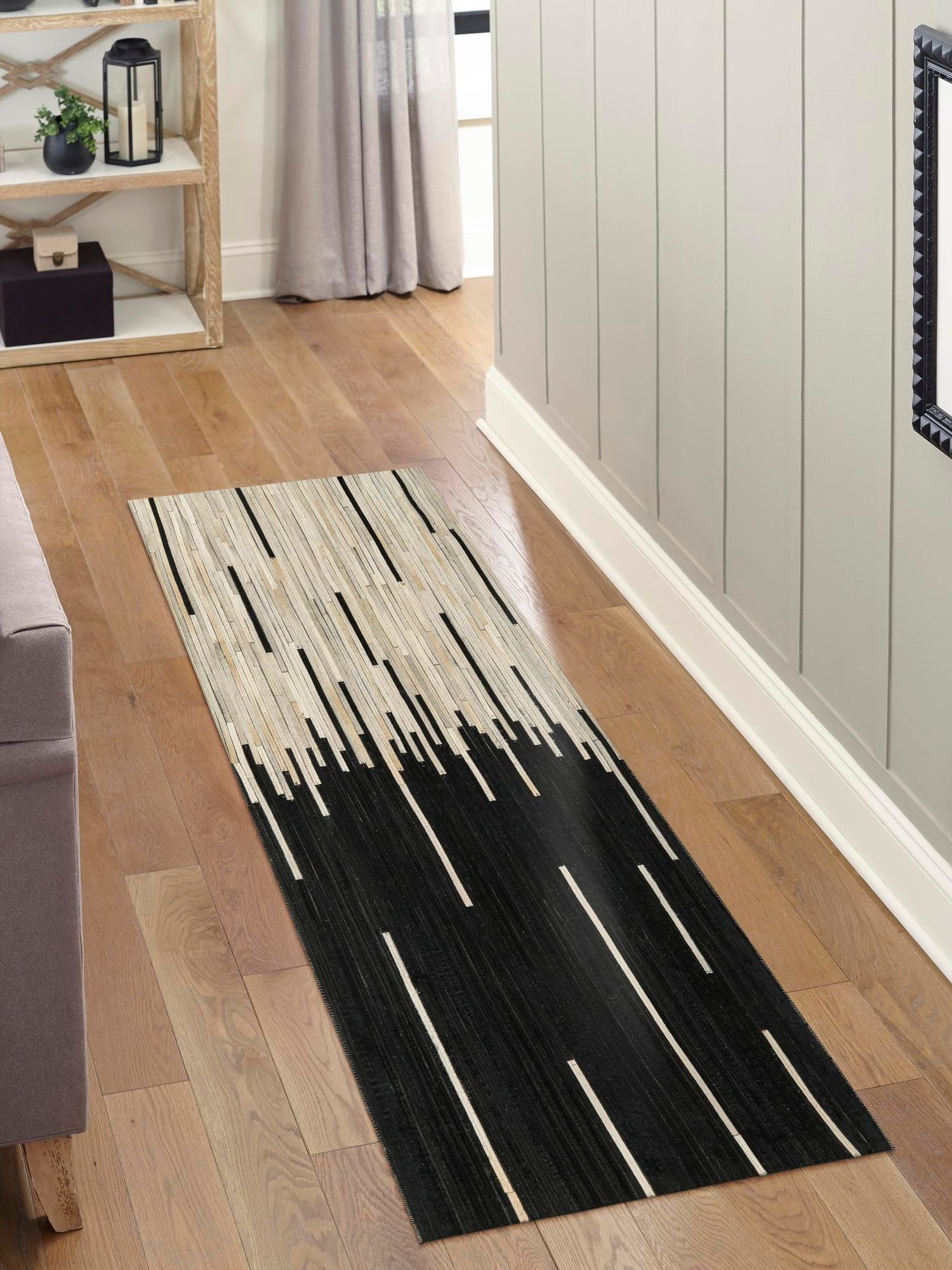 Authentic Luxury Black White 2' 2 x 8' Cowhide Leather Runner Area Rug Modern Interior Design 100% Real Natural Cowhide Carpet for Designer Home Decor for Sale at Rug Engine