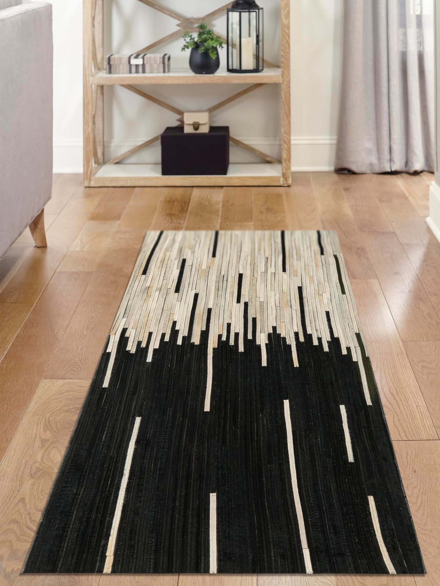 Authentic Luxury Black White 1' 2 x 3' 1 Cowhide Leather Runner Area Rug Modern Interior Design 100% Real Natural Cowhide Carpet for Designer Home Decor for Sale at Rug Engine