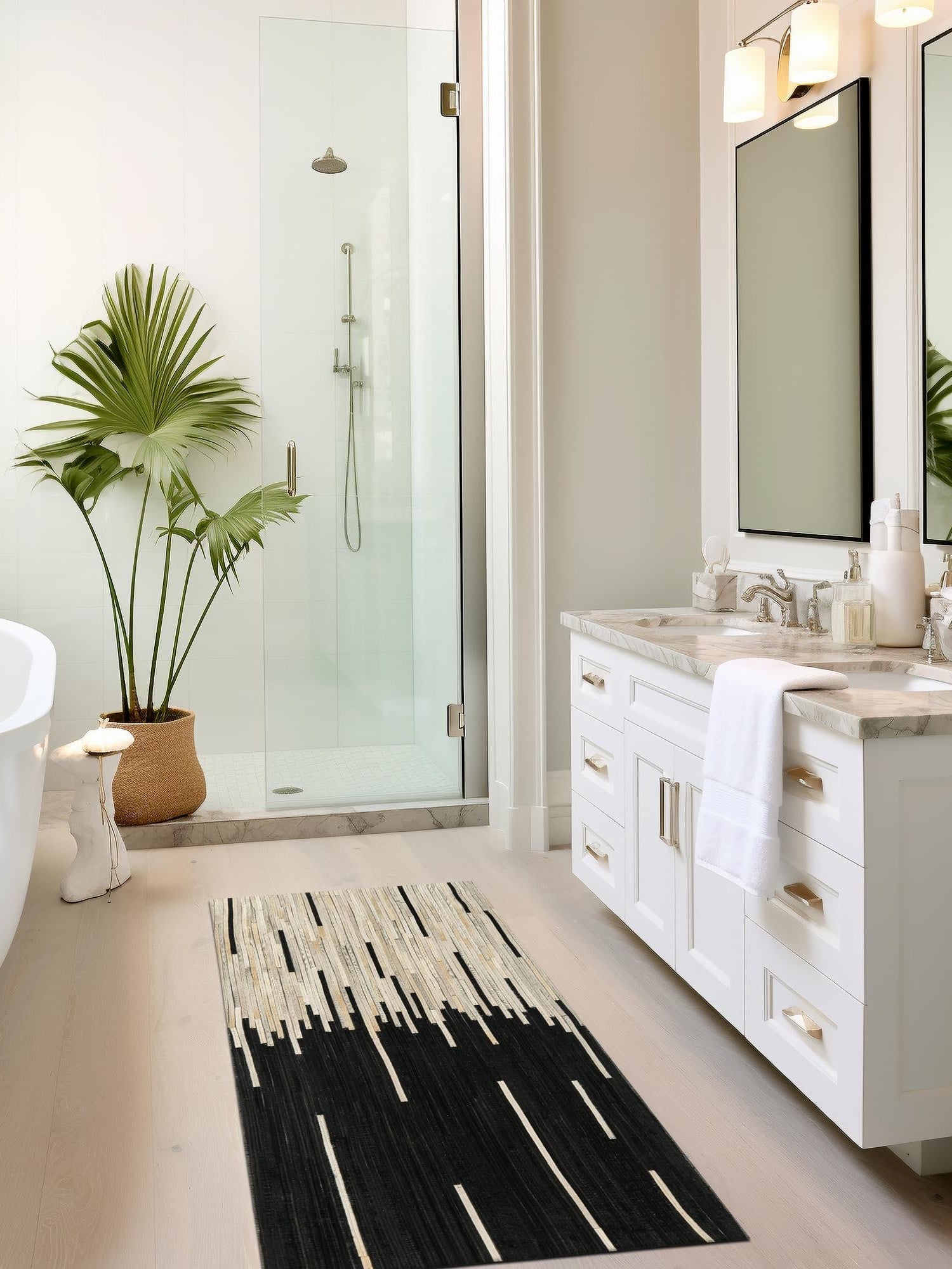 Authentic Luxury Black White 2' 2 x 4' 1 Cowhide Leather Runner Area Rug Modern Interior Design 100% Real Natural Cowhide Carpet for Designer Home Decor for Sale at Rug Engine