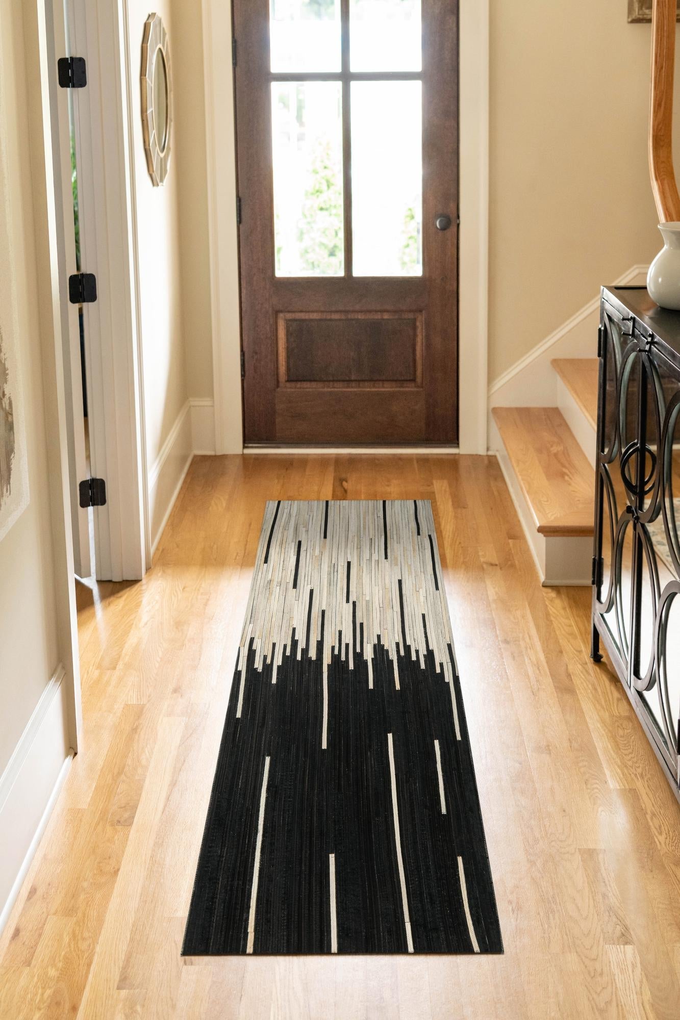 Authentic Luxury Black White 2' 2 x 8' Cowhide Leather Runner Area Rug Modern Interior Design 100% Real Natural Cowhide Carpet for Designer Home Decor for Sale at Rug Engine