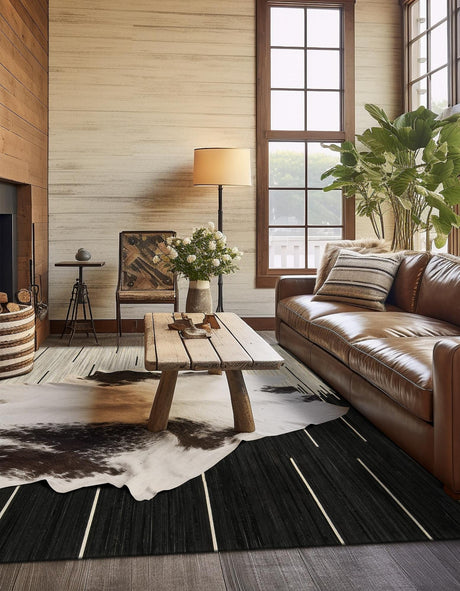 Authentic Luxury Black White 7' 10 x 7' 10 Cowhide Leather Square Area Rug Modern Interior Design 100% Real Natural Cowhide Carpet for Designer Home Decor for Sale at Rug Engine