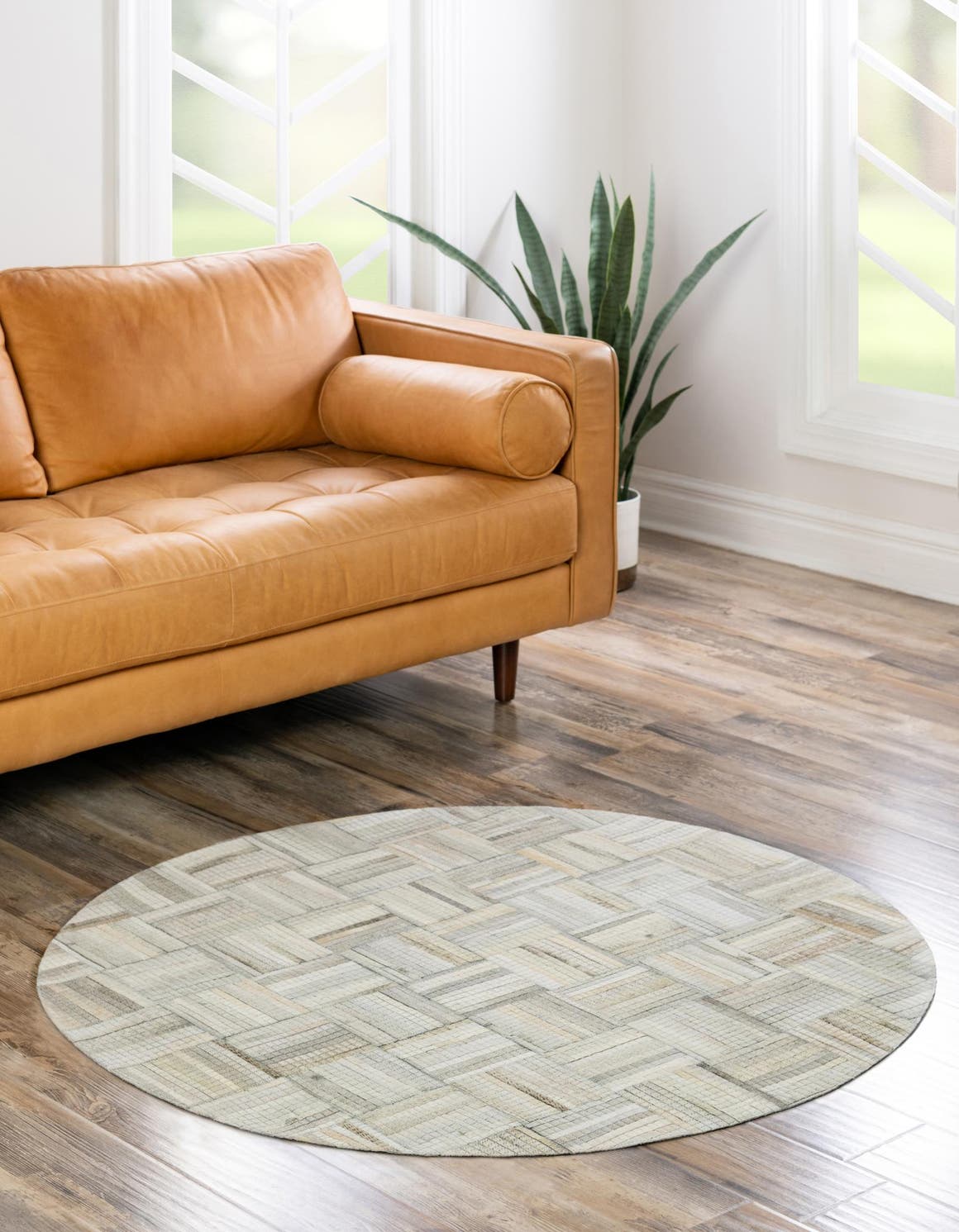 Authentic Luxury Light Brown Ivory 7' 10 x 7' 10 Cowhide Leather Round Area Rug Modern Interior Design 100% Real Natural Cowhide Carpet for Designer Home Decor for Sale at Rug Engine