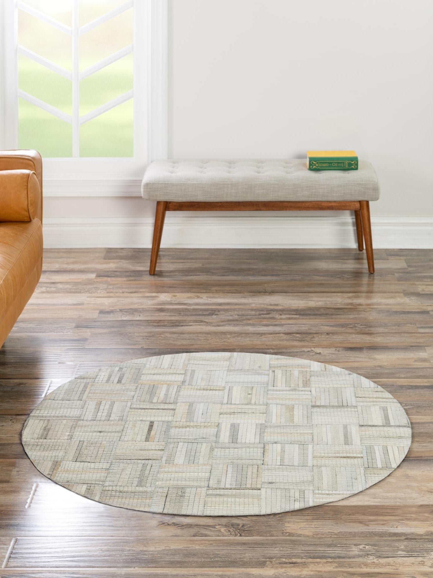 Authentic Luxury Light Brown Ivory 7' 10 x 7' 10 Cowhide Leather Round Area Rug Modern Interior Design 100% Real Natural Cowhide Carpet for Designer Home Decor for Sale at Rug Engine