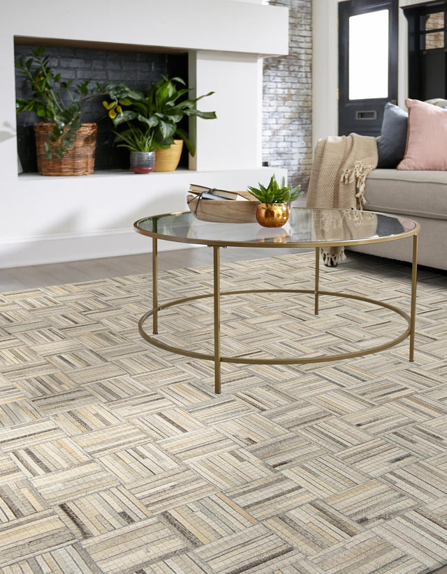 Light Brown Ivory 8' x 8' Cowhide Leather Square Rug