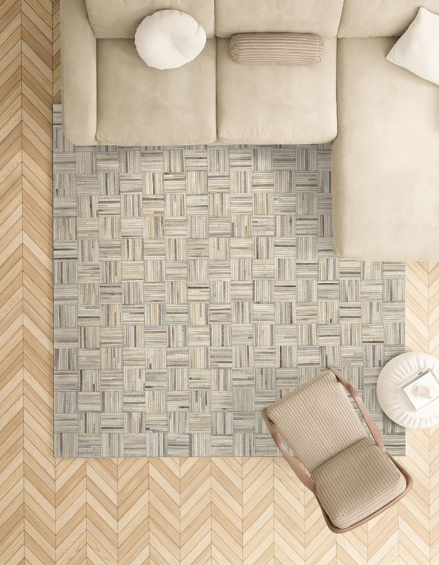 Light Brown Ivory 8' x 8' Cowhide Leather Square Rug