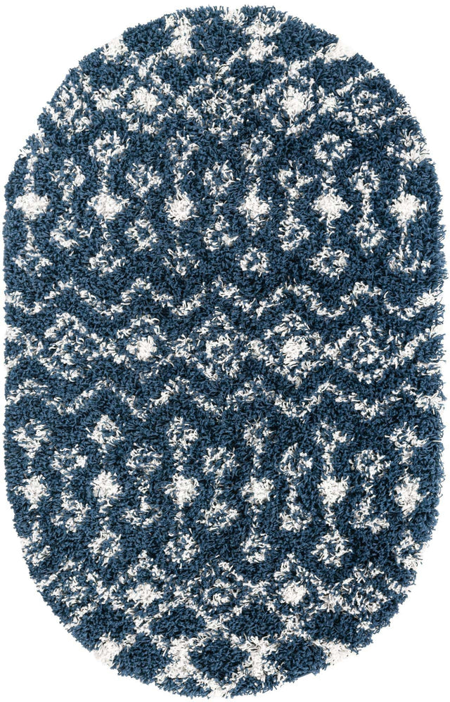 Navy Blue 3' 1 x 5' 3 Moroccan Trellis Shag Oval Area Rug Thick Soft Touch Fluffy & Plush Shaggy Pile