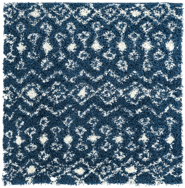 Navy Blue 4' 1 x 4' 1 Moroccan Trellis Shag Square Area Rug Thick Soft Touch Fluffy & Plush Shaggy Pile