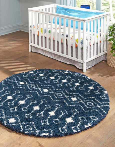Navy Blue 7' 1 x 7' 1 Moroccan Trellis Shag Round Rug