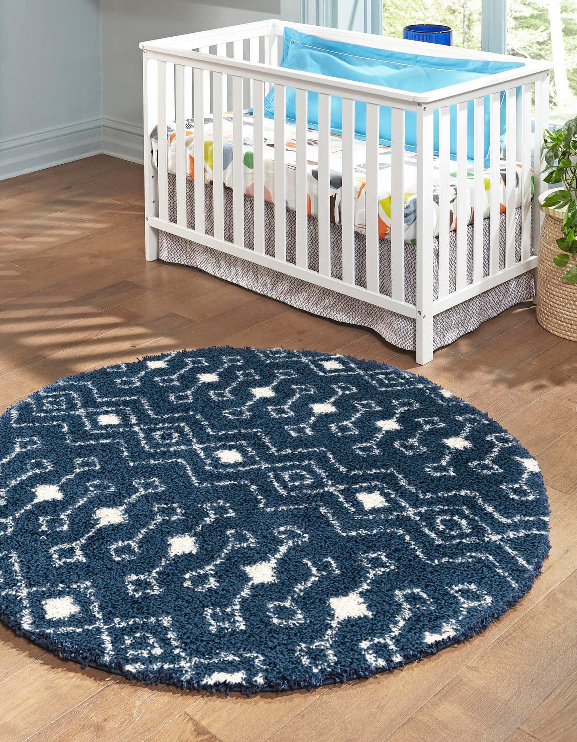 Navy Blue 6' 1 x 6' 1 Moroccan Trellis Shag Round Area Rug Thick Soft Touch Fluffy & Plush Shaggy Pile 100% Polypropylene Geometric Traditional Carpet for Sale at Rug Engine